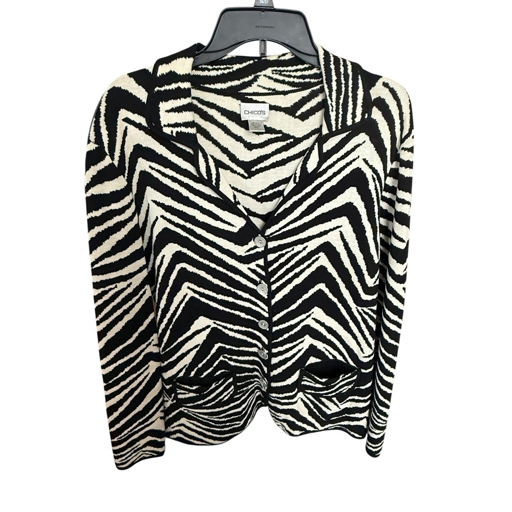 Chicos Zebra Print Cardigan Sweater Blazer Knit Button Front Pockets Size 1